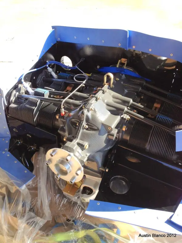 A freshly overhauled aircraft engine, painted and clean, waiting to be installed